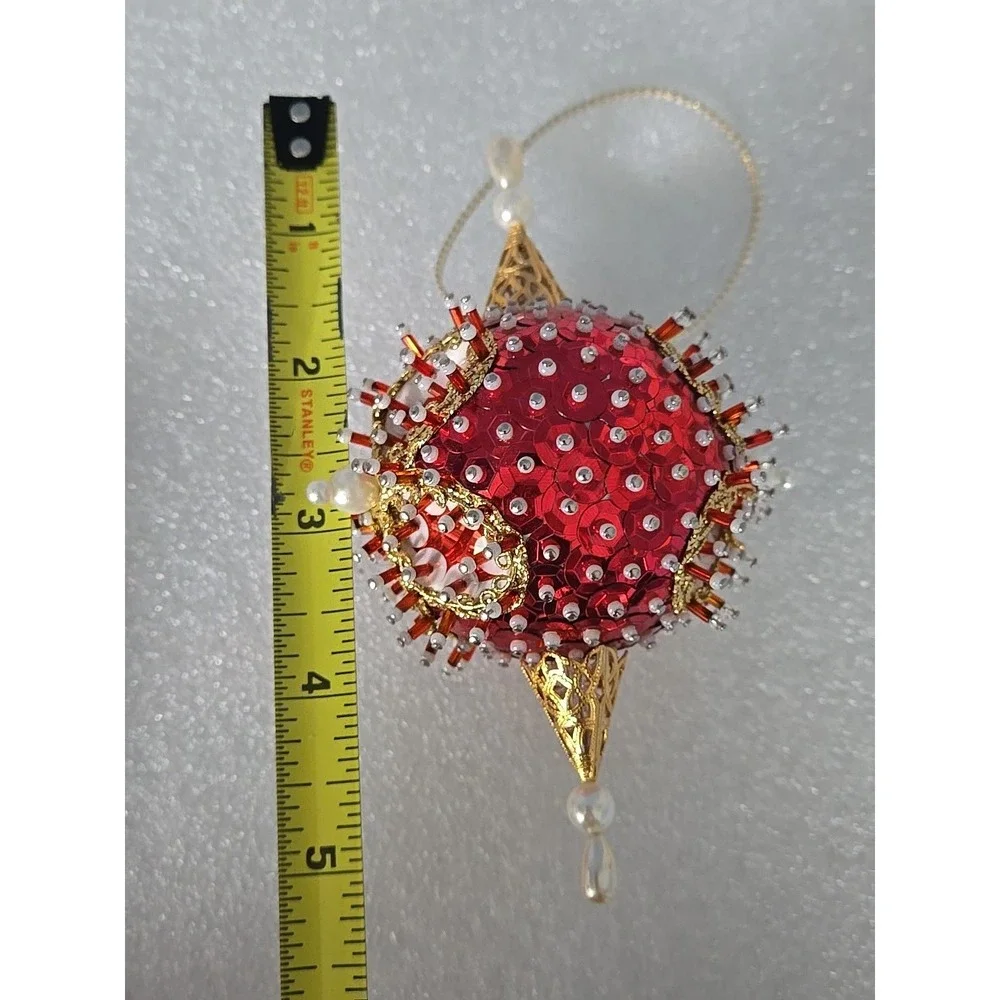 Vintage Handmade‎ Satin Christmas Ornament Push Pin Ball Beaded Beads Red Gold